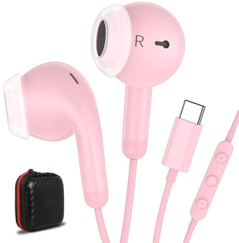 USB C Earbuds USB Type-C Headphones for iPad 10th Generation iPhone 17 Air 16 15 Pro Max Samsung S21 Wired Headphone Earphones with Microphone Volume Control Noise Isolating HiFi Stereo Headset Pink