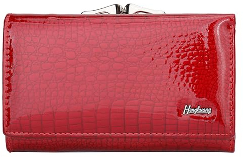 Karoukee Portefeuille Femme en Cuir Verni - Petit Porte-Cartes Anti-RFID avec 8 Fentes, Fenêtre d'Identité et Poche à Fermeture Kiss-Lock - Porte-Monnaie avec Texture Croco - Rouge Brillant