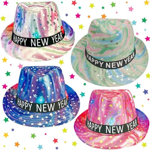 Bdecoll 4Stück Silvester Partyhüte 2026,Hut Sparkling funkelnder Fedora für Silvester,Hutband mit Schrift Frohes Neues Jahr, Happy New Year Silvesterpartydeko 2026 (Vivid)