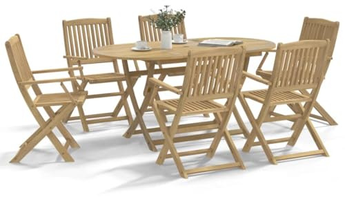 Tonture 7-TLG. Garten-Essgruppe aus massivem Akazienholz, klappbar, für Terrasse, Balkon, 160x85 cm, robuste Outdoor-Möbel für 6 Personen