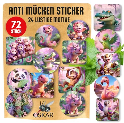 OSKAR - JUNGLE-Edition / 72 Stück lustige Anti-Mücken Sticker für Kinder und Erwachsene - Super Soft - 100% natürlicher Mückenschutz dank Citronella+Minze - Ideal für Urlaub, Camping, Sport+Freizeit