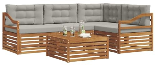vidaXL Outdoor-Sofagarnitur mit Kissen 5 pcs Natürlich und Hellgrau, Outdoor-Sofa, Gartensofa, langlebige Möbel, modernes Terrassen-Set, gemütliche Lounge-Ecke