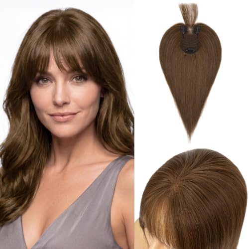 MY-LADY Real Human Hair Topper mit Bangs Schokoladenbraun 35g 30cm | Natürlich Unsichtbare 8x11,5cm Lace-Basis, handgeknüpft, Leicht & Atmungsaktiv, mit 3 Clips. Für Dünner Werdendes
