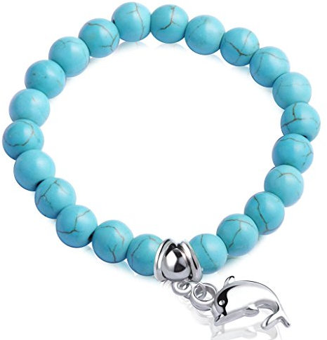 Feilok 8MM Türkis Metalllegierung Enerigearmband Energie Armband Armkette EnergieStein mit Delphin Kugelkette Perlen Perle für Damen