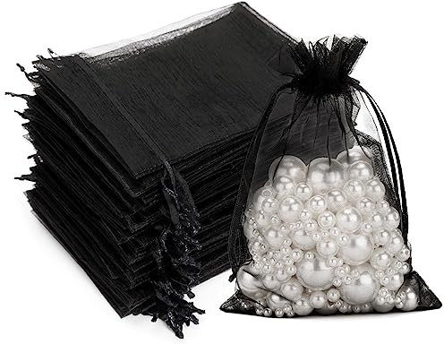 G2PLUS 100 Stück Schwarz Organzasäckchen, 10x15 CM Geschenk Organzabeutel, Hochzeit Organza-Beutelchen mit Kordelzug Sie als Hochzeit Bonbonsbeutel, Schmuckbeutel, Geschenkbeutel