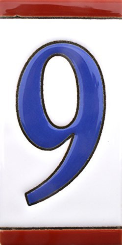 Hausnummer. Schilder mit Zahlen und Nummern auf Keramikkachel. Handgemalte Kordeltechnik fuer Schilder mit Namen, Adressen und Wegweisern. Design USA MEDIANO 10,9cm x 5,4 cm (Nummer NEUN 9).