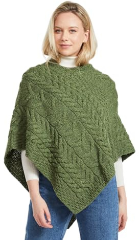 Aran Woollen Mills kvinnors merinoull poncho – bekväm passform damer stor vävd pullover – en storlek, Mossgrön, one size