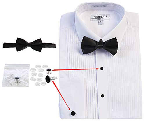 Gioberti Men's Kent Lay Down Collar Tuxedo Dress Shirt with Bow Tie, White, Small (33/34)