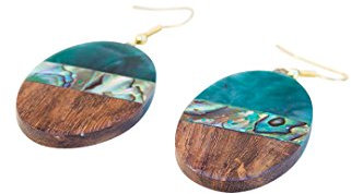 Ohrringe, handgefertigt, Naturholz und Jade-Harz, mit Paua-Koralle, rund, Boho, Hippie, Harz