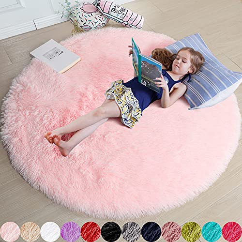 Amdrebio Pink Round Rug - Fluffy 4'X4' Circle Rug for Girls & Kids, Shaggy Plush Carpet for Nursery & Dorm, Cute Room Decor