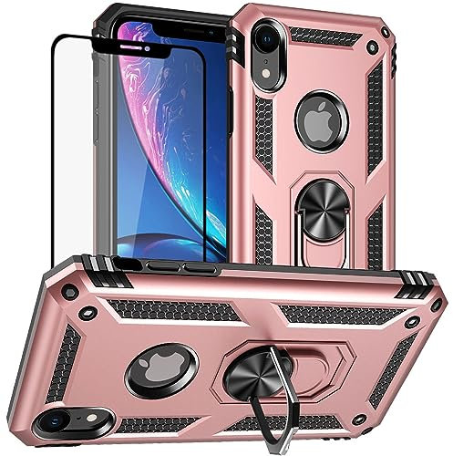 for iPhone XR Case, iPhone XR Phone Cases With Screen Protector, Silicone Shockproof Military Grade Protective Phone Cover with Ring Kickstand for Apple iPhone XR (Rose gold)