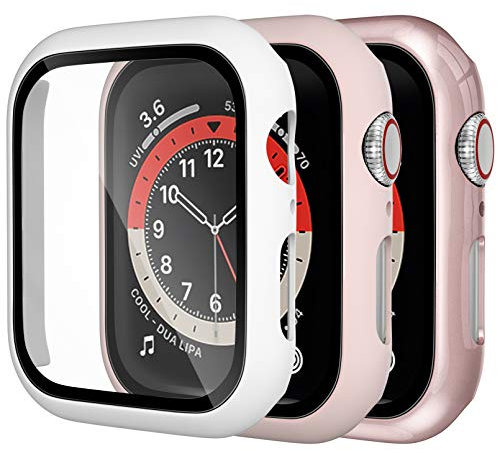 Dirrelo 3 Pack PC Case Compatible with Apple Watch Series 6/5/4/SE 40mm Tempered Glass Screen Protector, Full Cover Thin All-Around HD Protective Bumper Case for iwatch 6/5/4, White/Pink/Rose gold