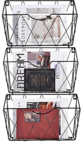 Hanging Wall File Organizer Set of 3, Wall Organizer for Office, Home or School, Metal Wall Hanging Baskets with 12 Pcs S Hooks, Black