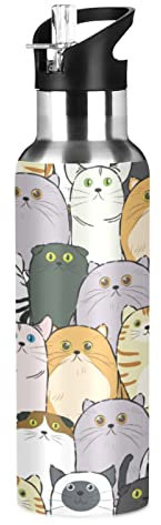 Vnurnrn Lindo Gatito Gato Animal Dibujos Animados Botella de Agua Deportiva con Pajita Acero Inoxidable, 600ML Botellas Termica Sin BPA para Niños Deporte Gimnasio Ciclismo Escuela