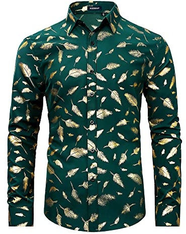 HISDERN Men's Luxury Shiny Gold Printed Shirts Long Sleeve Button Down Paisley Floral Stylish Dress Shirts for Tuxedo Wedding Party Nightclub Prom Green 2XL