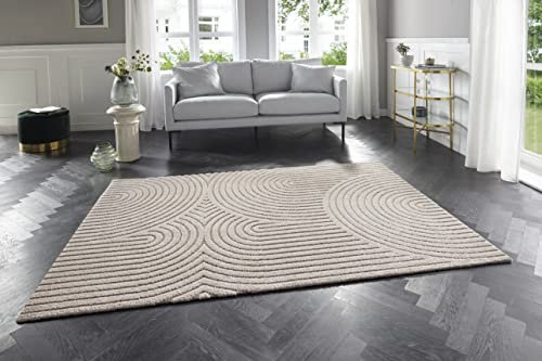 Elle Decoration Panglao moderner Hochflor Teppich - Wohnzimmerteppich Flauschig – Hoch-Tief Skandi Boho Style Wellen - für Wohnzimmer, Schlafzimmer, Küche, Flur - Creme Beige, 200x290cm