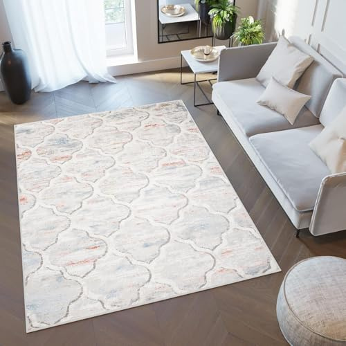TAPISO Valley Teppich Kurzflor Rot Beige Blau Mehrfarbig Kleeblatt Marrokanisch Schlafzimmer Wohnzimmer ÖKO-TEX 200 x 300 cm