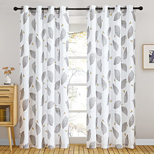 KGORGE Transparente Vorhänge mit Blumenmuster, Leinenstruktur, Blätter-Druck, Stickerei, Boho-Vorhänge, Ösen-Oberseite, langlebig, für Teenager, Schlafzimmer, Küche, Wohnzimmer, 2 Paneele, Weiß