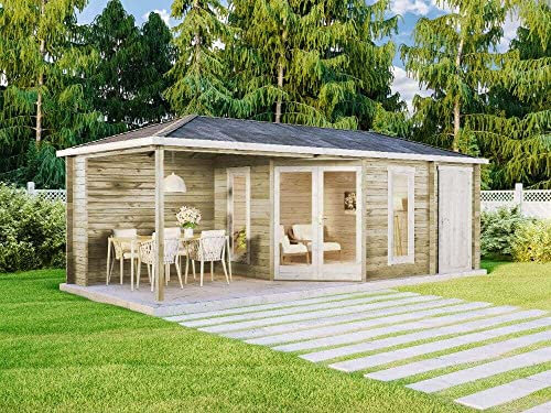 Alpholz 5-Eck Gartenhaus Liwa mit Anbau Gartenhaus aus Holz, Holzhaus mit 40 mm Wandstärke inklusive Terrasse, Blockbohlenhaus mit Montagematerial