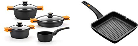 BRA Efficient - Batería 4 piezas, de aluminio fundido con antiadherente + A271428 Efficient - Grill Asador con Rayas, Aluminio Fundido con Antiadherente Platinum Plus