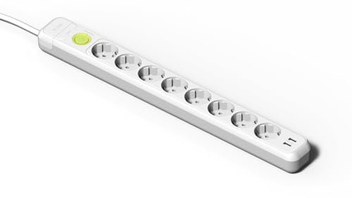 FAMATEL – Regleta de 8 enchufes + 2 Tomas USB + Interruptor | Cable de 1,5m | con TT | 16A | 250V | Blanco | Enchufe USB de Carga rápida | Protección contra Sobretensiones