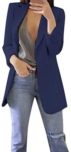 Blazer Damen Einfarbig Slim Fit Jacke Mantel Herbst Freizeit Coat Schuljacke Rever Geschäft Büro Anzüge Elegant Langarm Sakko Blazer mit Tasche (1-Dark Blue, XXXL)
