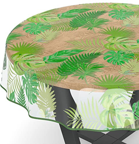 ANRO Tischdecke transparent Folie durchsichtige Wachstuchtischdecke Tischschutz Schutzfolie Tischfolie Bedruckt Motiv 0,15mm Exotik Rund 100cm mit Saum Rund Oval Eckig