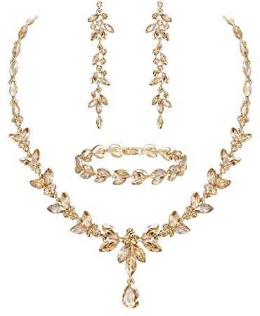 EVER FAITH Schmuckset Österreichisches Kristall Braut Schmuck-Set, elegante Marquise Strass Blatt Halskette mit baumelnden Ohrringen Tennis-Armband-Set, Brauner Goldton