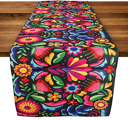 TAOPE Bunte Blumen Tischläufer, Sommer Tisch Läufer Leinen 40 x 140 cm Mexikanisch Bunt Vintage Tischläufer für Haus Küche Abendessen Urlaub Party Tischdekoration