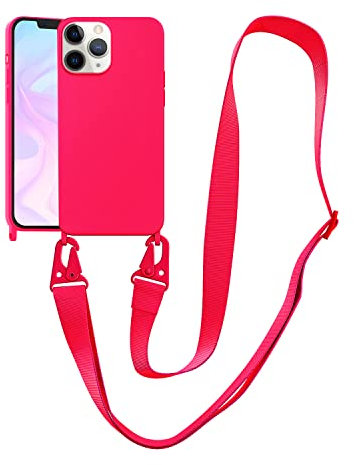 VooDirop Compatible with iPhone 11 Pro Max Case with Lanyard Crossbody iPhone Case with Strap Adjustable Shockproof Drop Protection Silicone Phone Cover for iPhone 11 Pro Max 6.5’’ Neon Pink