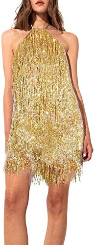 Générique Robe Femme Chic et Elegant- Mode féminine Sexy sans Manches sans Manches Licou Gland Mousseux fête Cocktail soirée Robe mi-Longue Robe Vintage Taille