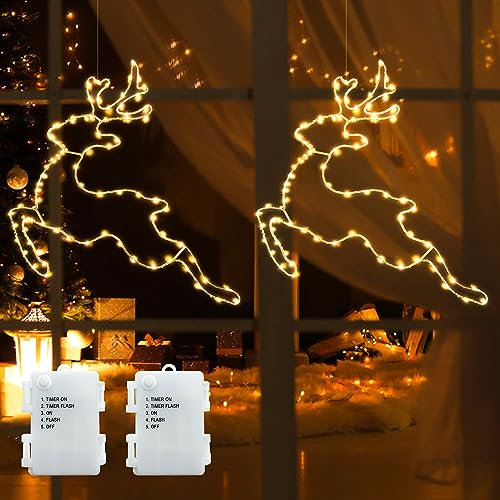 DreiWasser Beleuchtet LED Fensterdeko Springende Rentiere Warmweiß Batteriebetrieben, 2 Stück 160 LED Rentier Weihnachten mit 1m Zuleitung und Timer für Fenster Beleuchtung Deko Hängen Weihnachtsdeko