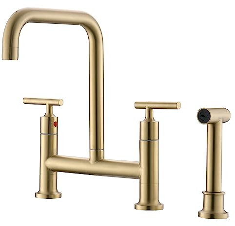 FELIXBATH Grifo de puente de cocina con pulverizador lateral, 2 asas, 3 agujeros, grifo de cocina de latón de 8 pulgadas, grifo de fregadero de cocina, oro cepillado (CP026G)