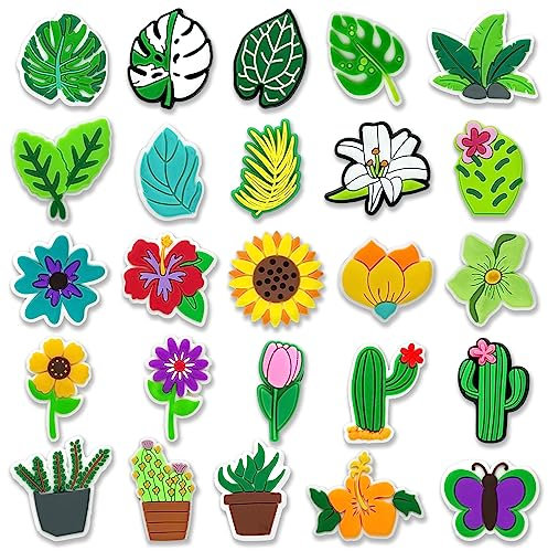 Tashrasia 25Pcs Plants Shoe Charms for Clogs Sandals Bracelet Wristband Slippers Water Shoes, Potted Leaf Flower Shoe Decoration Charms for Kids Girls Adults Party Favor Gifts, Non-Precious Metal, No