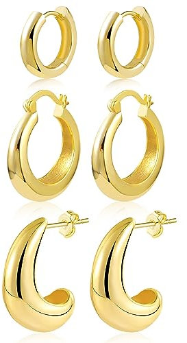 KISSPAT Gold Creolen Ohrringe Set, 3 Paar 14k Echt Vergoldete Creolen Gold Kleine für Damen, Hypoallergen Knorpel Huggie Gold Creolen Piercing Ohrringe für Mehrere Ohrlöcher