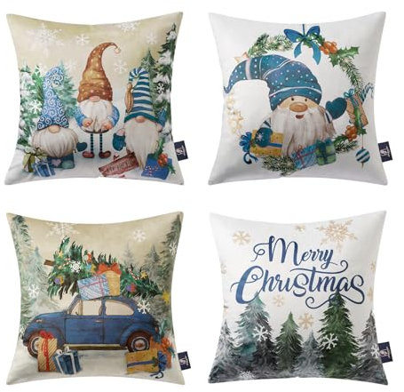 Phantoscope 4 Stück Merry Christmas Wurfkissenbezüge, Weihnachten Wichtel Kränze Weihnachtsmann Bäume und Auto Dekorative Kissenbezüge Kissenhülle Blau 18 x 18 Zoll 45 x 45 cm