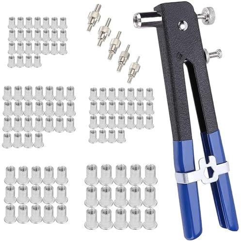 KEWAYO Kit de remachadora 110 unidades, 1 pistola remachadora manual, 104 piezas de insertos roscados remache tuercas (M3-M8) 5 mandriles remache tuerca herramientas profesionales para el remachado
