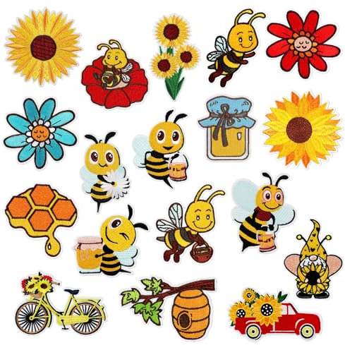 Woohome Patches zum Aufbügeln, 18 Stück Biene Patch Sticker für Kleidung, Sonnenblume Aufnäher Applikation Flicken Zum Aufbügeln Kinder Patches für für DIY T-Shirt Jeans Kleidung Taschen