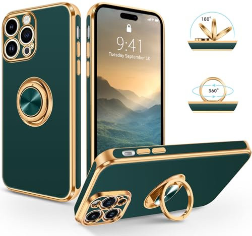SouliGo Compatible with iPhone 14 Pro Case 360° Ring Holder Kickstand Magnetic Car Mount Slim Luxury Bling Plating Soft TPU Bumper Shockproof Protective Phone Cover, Midnight Green