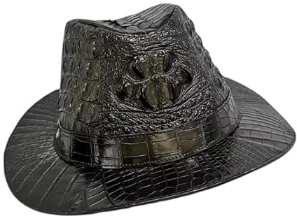 Echte Krokodilhaut, Herren, schwarz, Derby-Mütze, echtes Alligatorleder, Party, Fedoras, Magier, Herren, runde Kappe, Schwarz, 7 3/8-7 5/8