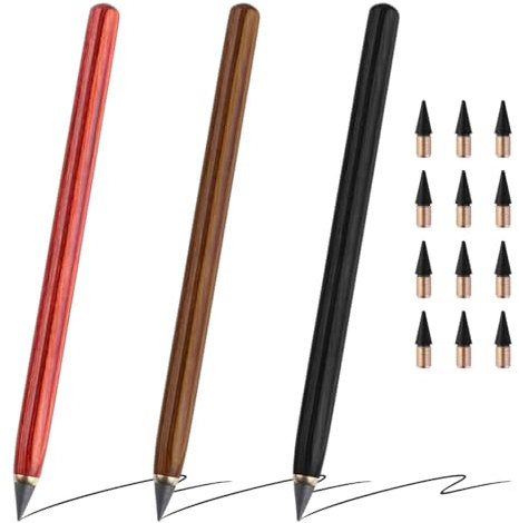 EXIN DEHCEN 3 Stück Unendlicher Füller Ewiger Bleistift Ohne Anspitzen, Dauerbleistift, Wiederverwendbarer Everlasting Pencil mit 12 Austauschbarem Ewiger Bleistift Wechselkopf für Studenten Künstler