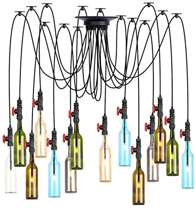 MiSKyn Lampes suspendues en verre avec abat-jour réglable pour bouteille de vin, lampe araignée de plafond, lustre industriel, éclairage suspendu pour bar, 6 lumières (14 lumières)