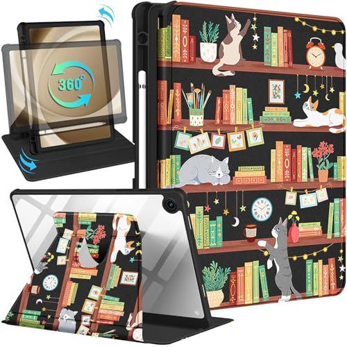 Kidcube Étui Portefeuille pour Samsung Galaxy Tab A9 Plus 11 Pouces pour Femmes, Filles et Enfants avec Porte-Crayon, Motif Chat Mignon Dessin animé Kawaii Support Rotatif pour Tablette Tab A9 Plus