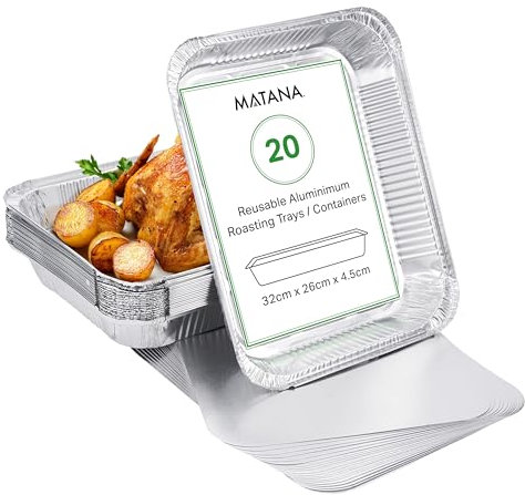 MATANA 80 Large Aluminium Foil Trays with Lids – 32×26 cm (2350 ml) | Heavy-Duty Roasting & Baking Pans – Sturdy, Disposable or Reusable Food Containers, Oven & Freezer Safe