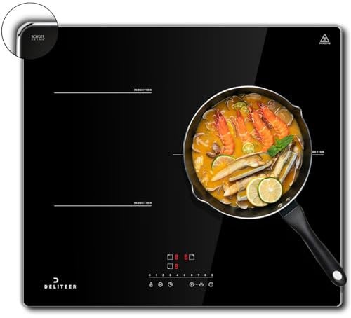 Plaque Induction 3 Feux avec Cadre, DELITEER Table de Cuisson Encastrable 60cm, 6800W, 240V, Plaque électrique 9 Niveaux, Commande Tactile à Curseur, Sans Prise