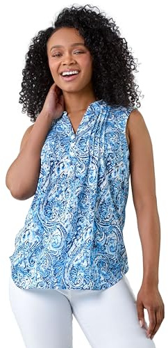 Roman Pintuck Sleeveless Shirt for Women UK Ladies Vest Tank Top Summer Smart Blouse Stretchy Jersey T-Shirt Casual Spring Holiday Party Vacation Notch Neck - Petite Blue - Size 18