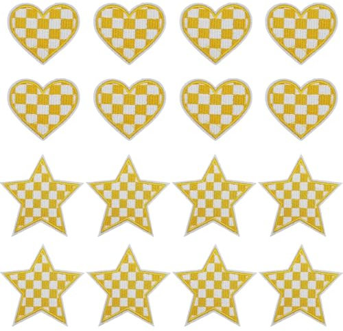 16Pcs Western Iron on Embroidered Set, Contains Heart & Star Patches, Yellow Embroidered Sew on Patch Applique Embellishments for Jeans, Hat, Dress