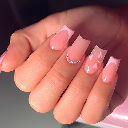 Ceboic 24 Stück Eckig Nägel Zum Aufkleben Mittel Länge, Französische Rosa Herz Press on Nails Acryl Künstliche Nägel, Square Full Cover Kunstnägel Fake Nails für Frauen und Mädchen