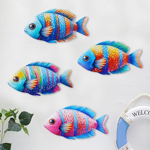 LIUCONGBD 4Pcs Metall Fisch Wand Dekor, nette tropische Fisch Kunst Skulptur, Küste Wand hängende Ornament für Innen- oder Außengarten Patio Badezimmer Wohnzimmer, Geschenke für Kinder Freunde