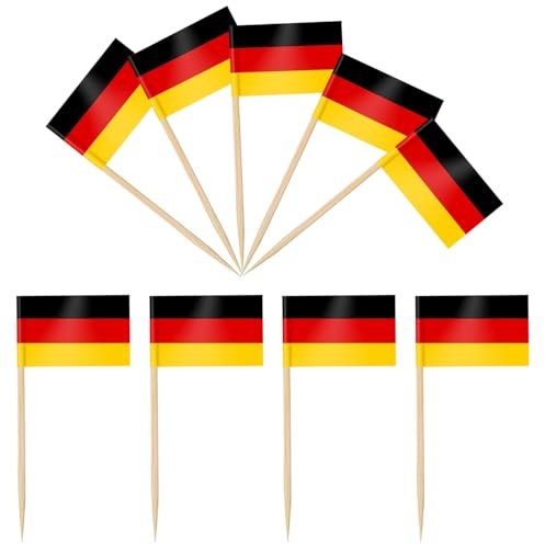 iLamvie 100 Stück Deutschland Zahnstocher Holz,Deutschland Flagge Cocktail Stick,Deutschland Party Spieße Fingerfood,Zahnstocher mit Deutschland Fähnchen für Cake Obst,Cocktail Party Pub Deko